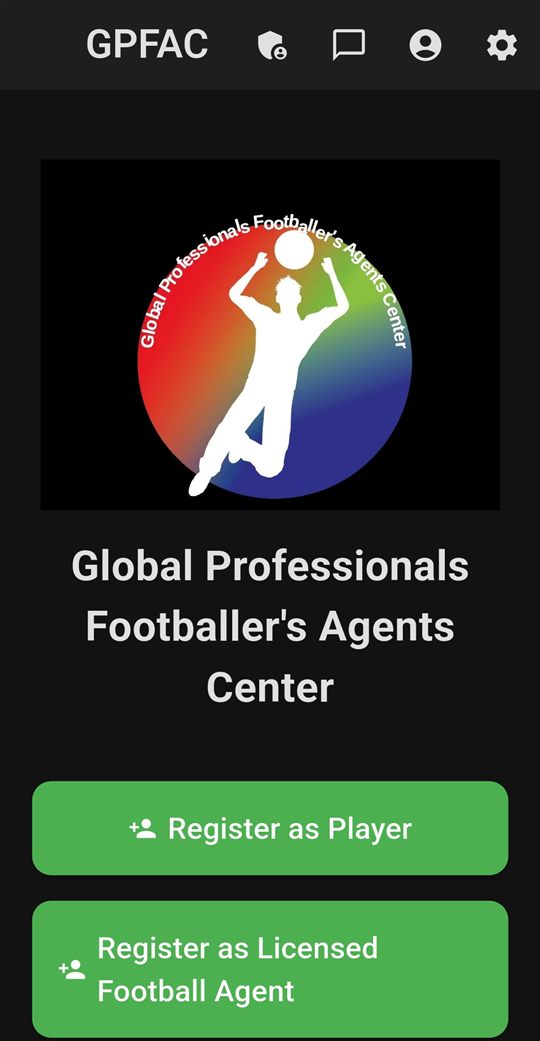 GPFAC app home screen showing the GPFAC logo and options to register as a player or licensed football agent