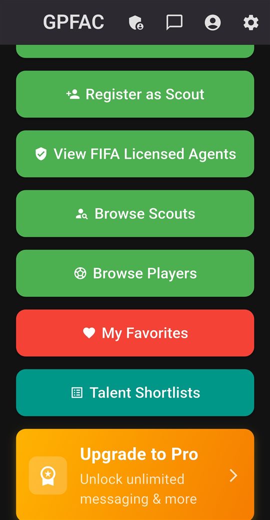 GPFAC home menu with buttons for viewing FIFA licensed agents, browsing scouts and players, favourites and talent shortlists